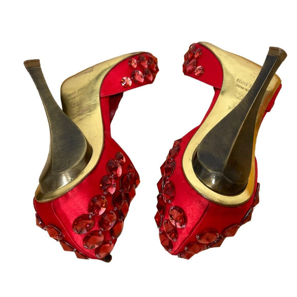Miu Miu Prada Heels D'Orsay T Strap Jeweled Stiletto Peep Toe Silk Red 36.5 6.5 - Picture 11 of 11